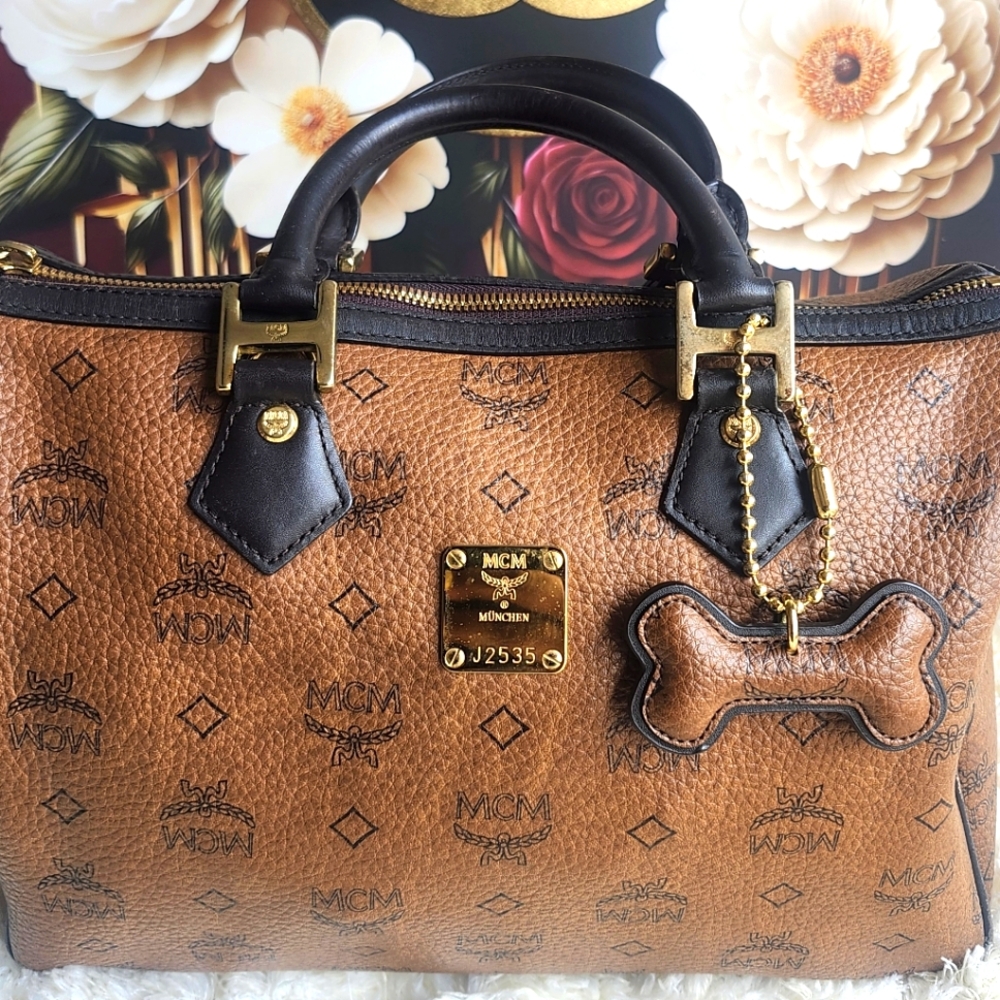 MCM Brown Visetos Tote with Gold Accents